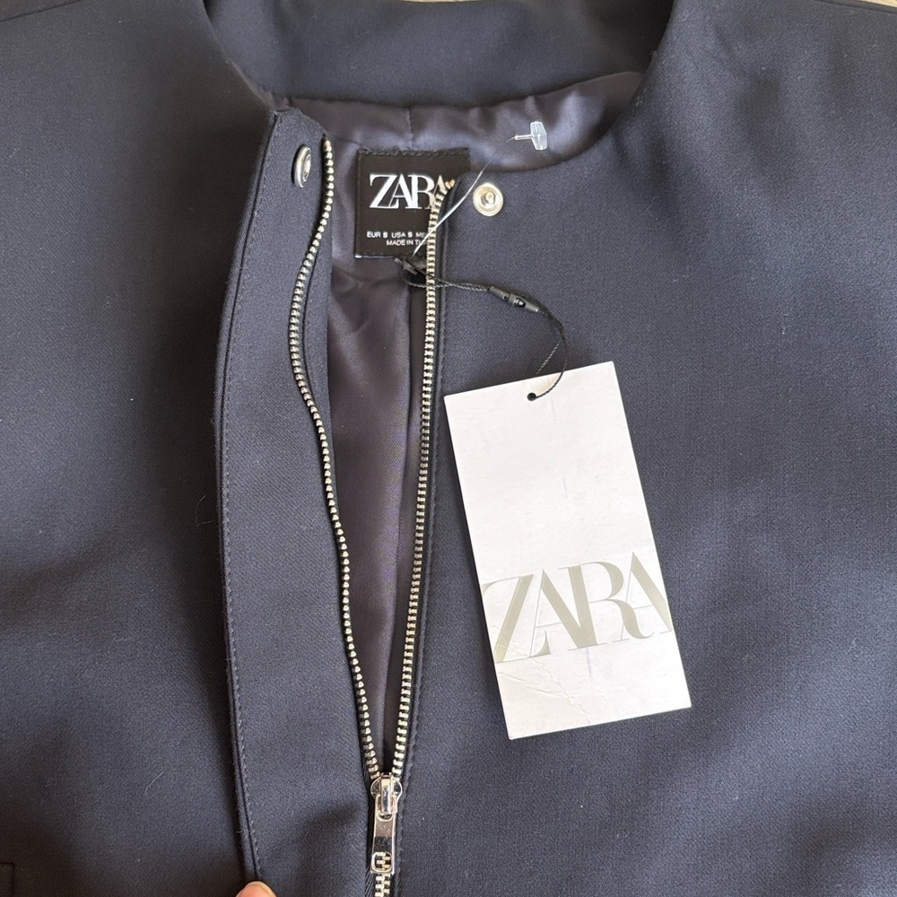 Zara hidden zipper Cropped Blazer Navy Size Small NWT - Picture 5 of 14